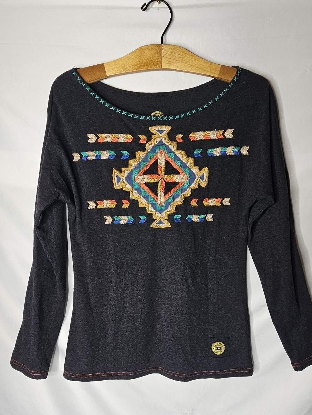 Double D Ranch Top M Womens Black Cotton Southwestern Embroidered Long Sleeve